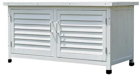 SGKOMN Garden Tool Organizer Cabinet,Wooden Outdoor Storage Shed with Waterproof Roof,Outdoor Potting Bench with Metal Table Top,Double Doors Garden Work Bench for Backyard, Patio, Lawn (White)