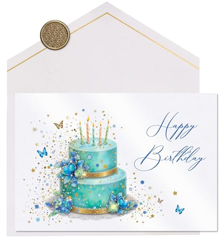 Joli Coon Biglietto auguri compleanno premium STARDUST Blue Cake – Biglietto auguri compleanno uomo con busta in carta premium e autentico sigillo in cera