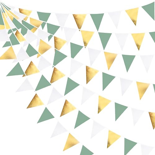 32Ft Vert Sauge Or et Blanc Fanions Guirlande Bannière Décoration de Fête Dorée Verte Blanc Tissu Triangle Drapeau Banderole pour Anniversaire Rustique Mariage Chambre d'enfant Jardin Extérieur Décor