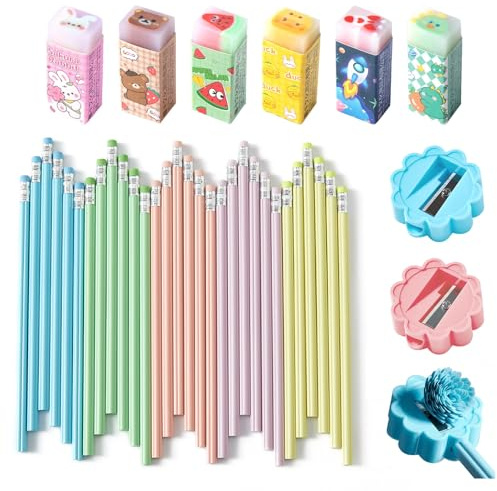 VEGCOO 30 Bleistifte mit Radiergummi Set, 6 Lustige Radiergummis + 3 Blau Rosa Spitzer, Stifte Kinder Mitgebsel Kindergeburtstag, Coole Schulsachen für Jungen und Mädchen