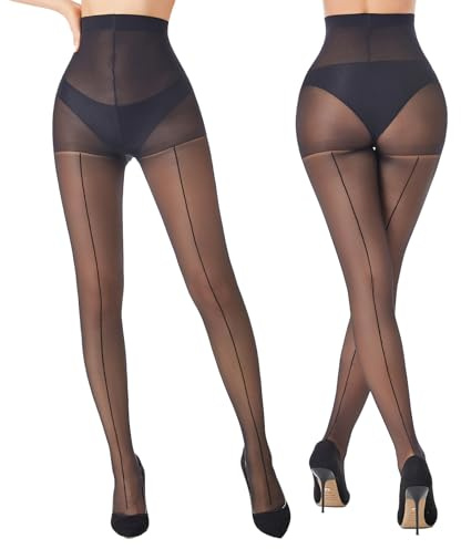 Viyongan Back Seam Pantyhose for Women High Waist Sheer Tights with Line Down Back Sexy Seamd Stockings 2 Pairs(Black,L-XL)