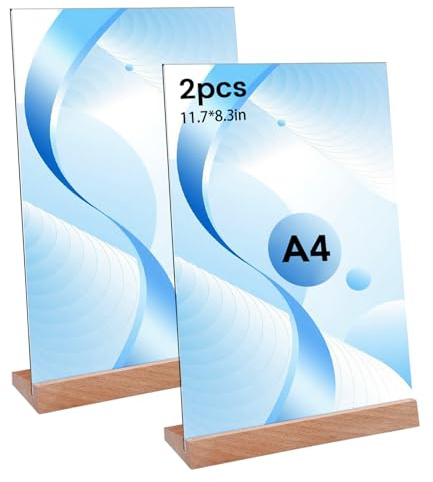 Thboxes 2 Stück Tischaufsteller A4, Transparent Preisschilder Aufsteller Acryl mit Holzfuß, Vertikaler L-Ständer Doppelseitig Tischständer für Menükarten Prospekte Werbung Restaurant Café Büro