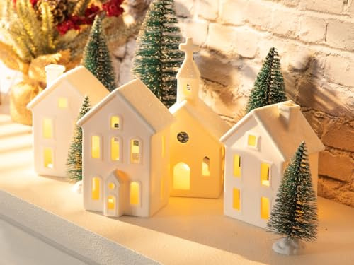 CHUANGLI Weihnachtsdorf-Figuren-Set, 4 Keramikhäuser und 5 Bäume, Weihnachtsdekoration für den Innenbereich, weiß, rustikale Dekoration für Zuhause, Tisch, Zimmer, 9 Stück