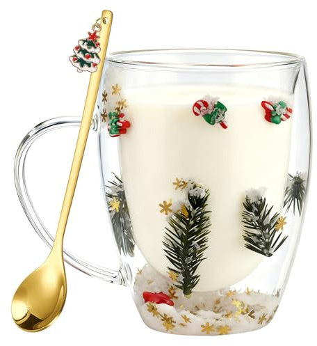 Weihnachtstassen,Weihnachten Gläser 350ML Doppelwandige Kaffeegläser Weinachtskaffeetasse Weihnachtsgläser mit Henkel Weihnachten Becher Kaffee Teegläser Weihnachtsgeschenke für Familie Freunde