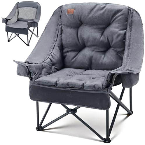 EVER ADVANCED 2-i-1-campingstol, vikbar överdimensionerad med avtagbar 6 cm tjock stoppning, 180 kg lastbar, fällstol inklusive sidofickor, kylfack och mugghållare för camping, trädgård, fiske