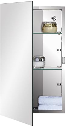 Fundin Bathroom Mirror Cabinet with Single Door, Adjustable Tempered Glass Shelves, Surface Mounted, 30cm W x 50cm H, Mirrored Finish