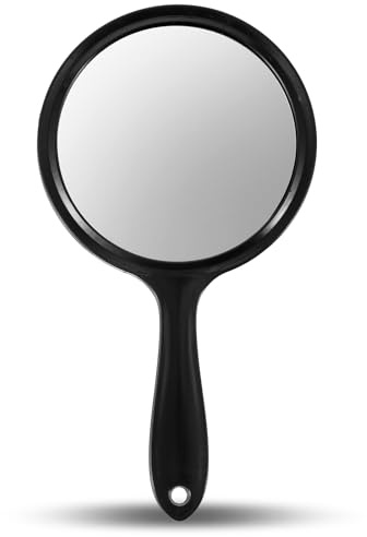 Bremorou Double Sided Mirror Handheld with Handle 1X/2X Magnifying Rounded Shape Small Hand Mirror with Handle, Acrylic Clear Finish Round Black