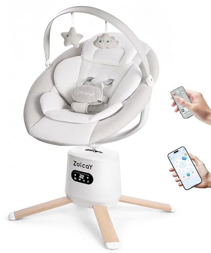 Babygungstol Zoicay elektrisk babyhängmatta 9 lägen med 360° sittplats och justerbar lutning funktion timing och musik fjärrkontroll och Bluetooth, för 0–9 månader bebis (vit)