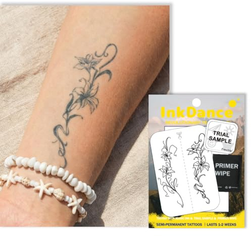 InkDance Semi-Permanent Tattoo, Lily Fine Line Art, Long Lasting Temporary Tattoos, Waterproof Plant-Based Ink, Lasts 1-2 Weeks, Color Develops in 24 Hours X225, Set of 2