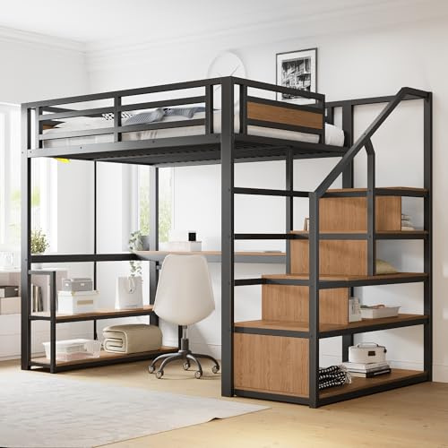 kozamas Hochbett Stauraumbett Metallbett, Schreibtisch Stauraum Sicherheitsgitter Regale, OhneMatratze, 140x200cm Schwarz, Jugendzimmer kleine Wohnungen