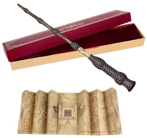 PLLYPE Baguette magique avec lumière, 34 cm, chargement USB, dans une boîte cadeau avec carte, carte de sort, carte de transport et support pour carnaval, cosplay