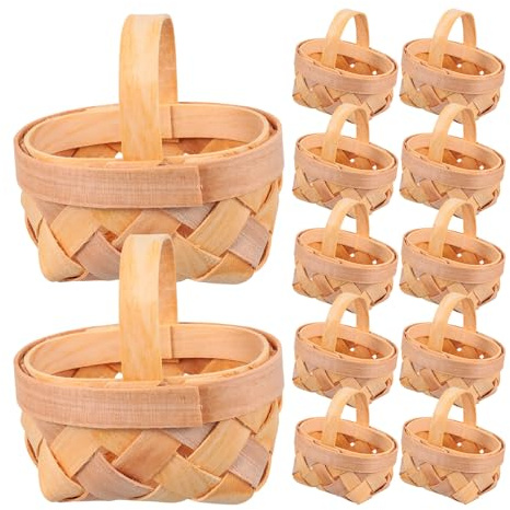 Levemolo 12pcs Mini Woven Wood Chip Baskets with Handles, Handcrafted Small Picnic and Flower Baskets for Home Decoration, Party Favors, and Craft Storage