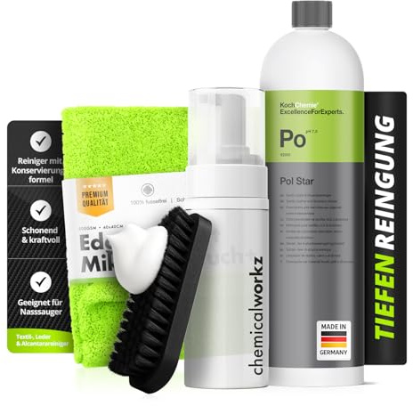 Pol Star Basic Set: Koch Chemie Pol Star Textil Leder Alcantara Reiniger 1L + Foam Bottle 150ml + Bürste + Mikrofasertuch 40×40 | Schaumauftrag für kontrollierte Reinigung & saubere Abnahme | 4-teilig