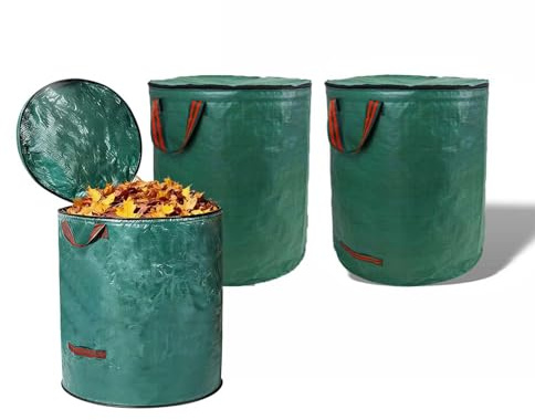 3 x Gartenabfallsäcke mit Griffen & Deckel, wiederverwendbare robuste Gartensäcke zum Sammeln von Pflanzenabfällen, Gras und Blättern, wasserdichter faltbarer Gartensack (120L)