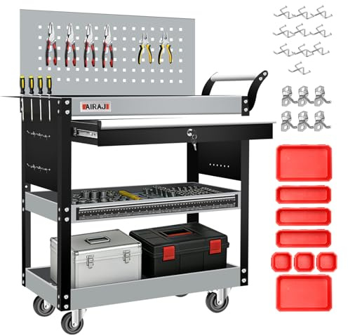 AIRAJ Rolling Tool Cart on Wheels, 3-Tier Utility Tool Trolley with Lockable Drawer, Heavy Duty Tool Storage Cart with Pegboards and Hooks for Garage & Workshop, 200kg Load Capacity