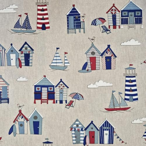 Stoff Meterware Maritim natur Strandkabinen Leuchtturm Segelboot Baumwollstoff Dekostoff Meer Küste Kissen Taschen Vorhang Nähen Werthers Stoffe Bootsgardine