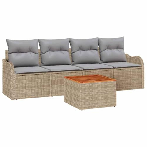 Qnhdfrt Gartensofa-Set 5-teilig, Polyrattan Lounge-Set für Terrasse und Garten, modulare Sitzgruppe mit Tisch aus Akazienholz, Gartenmöbel inklusive bequemen Sitzpolstern, Beige