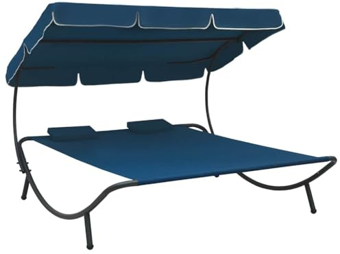 Runheo Sonnenliege mit Sonnendach und Kissen Blau, wetterfestes Gartenbett mit wasserabweisendem Polster, verstellbar und klappbar, komfortable Doppelliege für Terrasse, Balkon und Strand Relaxen
