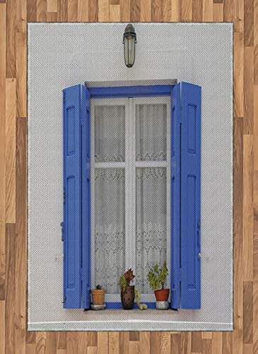ABAKUHAUS griechisch Teppich, Fensterläden Blumen Fenster, Deko-Teppich Digitaldruck, Färben mit langfristigen Halt, 120 x 180 cm, Türkis Weiß