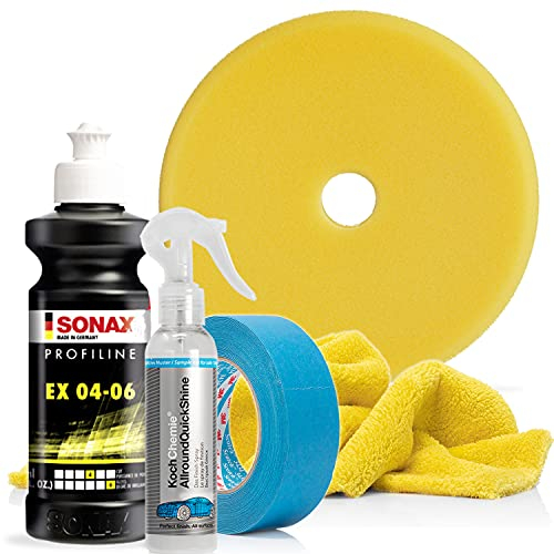 Sonax Polituren Set Basic+ - SONAX PROFILINE EX 04/06 250ml + Koch Chemie Allround Quick Shine Detailer 140ml + SONAX Exzenter Pad medium 143 DA + 3M Abdeckband 3434 24mm/50M + Mikrofasertuch 550GSM