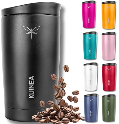 KUINEA Kaffeebecher To Go 350ml [100% auslaufsicher] Edelstahl Thermobecher Kaffee, bis 6h warm, Coffee To Go Becher mit hygienischem Spezial-Verschluss, Travel Mug für Kaffee & Tee, BPA-frei, schwarz
