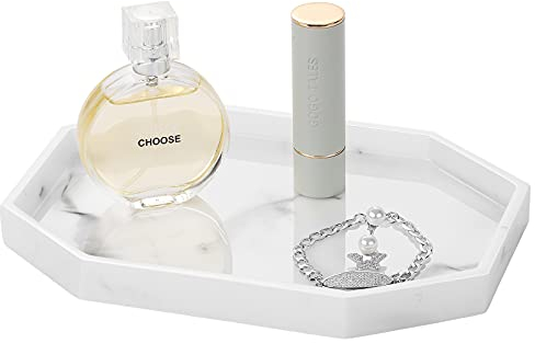 Shinowa Vassoio da Bagno Piccolo, Portaoggetti Ottagonale in Resina, Vassoio da Toeletta per Anello, Gioielli, Candela, Profumo,Vassoio Decorativo per Bagno, Sapone, Shampoo - Inchiostro Bianco