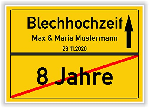 Blechhochzeit Geschenkidee 8 Hochzeitstag Ortsschild Geschenkidee personalisiertes Kunstdruck Bild Jahrestag Karte Mann Frau mit Namen und Datum Party Deko