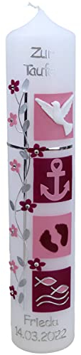 christ-kerzen Taufkerze FRIEDA Junge oder Mädchen mit Name und Datum, individuell und handverziert 1259