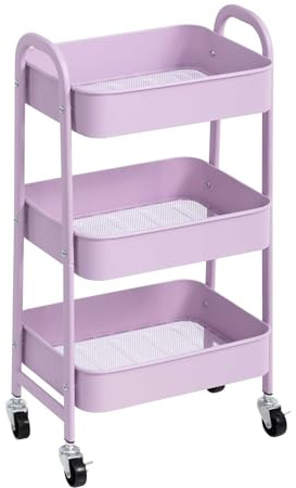 AGTEK Rollwagen mit 3 Etagen und feststellbaren Rädern, Metall, multifunktional, Aufbewahrung, Organizer-Wagen für Küche, Büro, Wohnzimmer, Make-up, Handwerk, Kunststudio, Lila