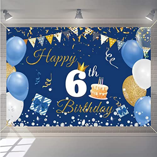 6. Geburtstag Deko Junge Mädchen, Sechster Geburtstag Banner Blau, Happy 6 Birthday Stoff Schild Plakat Hintergrund Banner Geburtstagsfeier Deko
