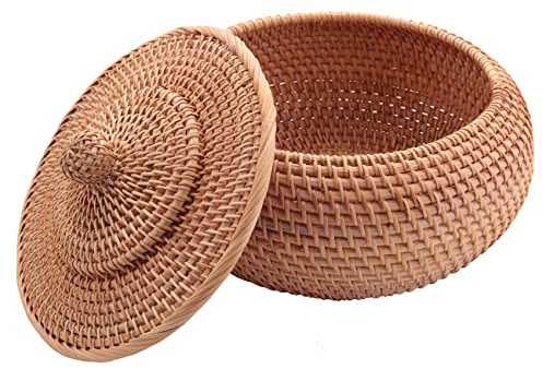 Pvczool Cesto Rotondo nel Rattan, Cesto di Frutta nel Vimini con Coperchio, Cestino per Pane