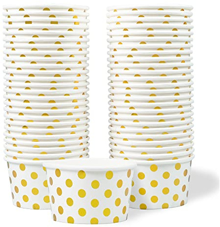 MATICAN Paper Ice Cream Cups, 50-Count 16-Oz Disposable Dessert Bowls for Hot or Cold Food, 16-Ounce Party Supplies Treat Cups for Sundae, Frozen Yogurt, Soup, Gold Foil Polka Dots