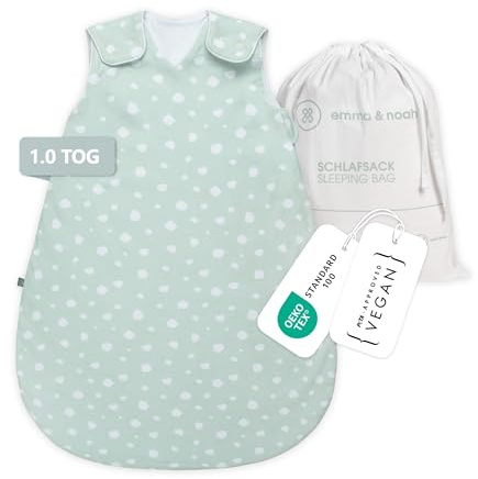 emma & noah Baby Schlafsack 1.0 TOG, Ganzjahres Schlafsack für den Frühling, Sommer und Herbst, 100% Bio-Baumwolle, OEKO-TEX Zertifiziert, Strampelsack für Neugeborene (Punkte Mint, 100 cm)