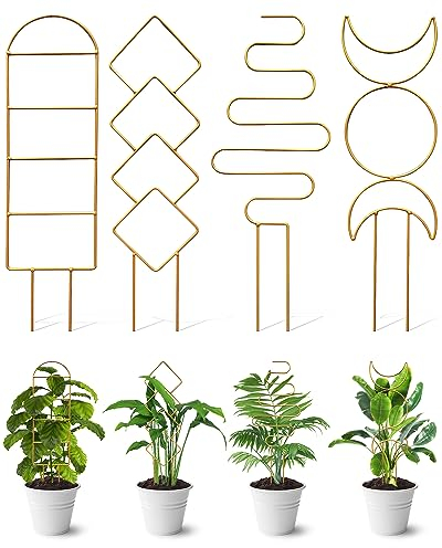 4 Pack Indoor Climbing Plant Trellis, Small Trellis for Potted Plants Outdoor, Metal Garden Plant Support Climber with Different Patterns for Vine Ivy Flower (Gold)