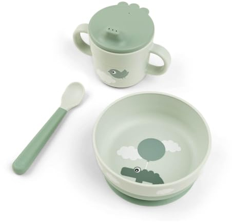 Done by Deer Foodie first meal Geschirrset Happy clouds Grün - Praktische kindergeschirr - baby löffel, Schüssel mit saugnapf und Trinkbecher, 100% PP in Lebensmittelqualität mit rutschfestem TPE