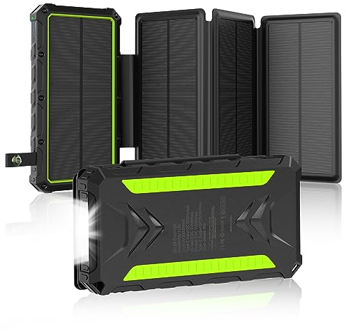 Batería externa solar de 20.000 mAh, cargador solar de 3 A, carga rápida con 2 salidas y entrada USB-C, batería externa resistente al agua para exteriores con 4 paneles solares y linterna para