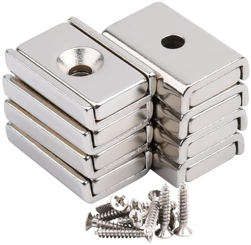 MIN CI 8 Pack Strong Flat Magnets 20lbs Force Rare Earth Neodymium, 20x13.5x5mm Square With Screw Holes M3.5 Pot Cabinet Countersunk Industrial Strips