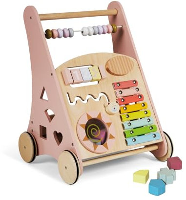 BUDDY BABY Montessori- Walker Baby in legno - Passeggino per primi passi con giocattoli e attività - Carrello tapis roulant per bambini +12 mesi (Lapponia/Rosa)