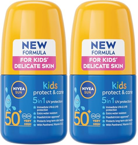 NIVEA SUN Kids Protect & Care Caring Roll-On (50 ml) Sunscreen with SPF 50, Roll-On Kids Suncream for Delicate Skin, Immediately Protects Against Sun Exposure (Pack of 2)