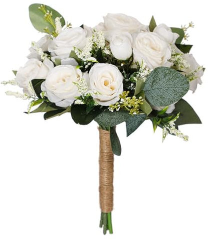 Bouquet di rose bianche artificiali per matrimonio, bouquet da sposa e damigella d'onore per la decorazione di nozze