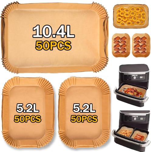 150 Stück Backpapier für Heißluftfritteuse Ninja 10,4L AF500EU, AF500EUCP, Cecotec 9000, COSORI Dual Blaze TwinFry XXL 10L, 100PCS Airfryer Zubehör Pergamentpapier für 5.2L, 50PCS für 10.4L&10L
