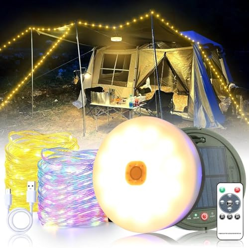 Solar Camping String Lights 10M, USB Rechargeable,3600mAh, Waterproof | Solar Camping String Lights Reel for Outdoor, Indoor, RV, Tent, Warm White+Color
