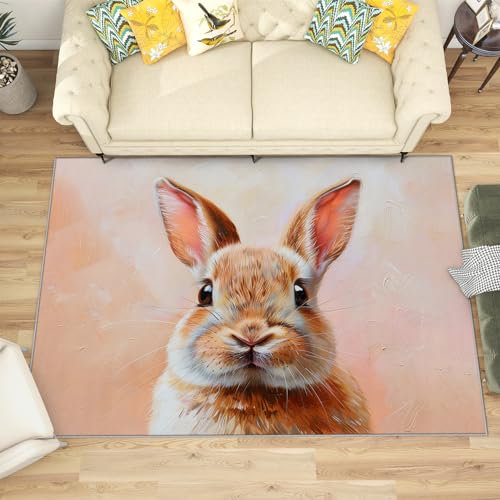 Teppich Hasenmotiv - Teppich Wohnzimmer Schlafzimmer Hasen, Kleiner Teppich Süße Hase, Weich Kurzflor & Waschbar & rutschfest Fussmatte Innen, Kinderteppich 50x80 cm