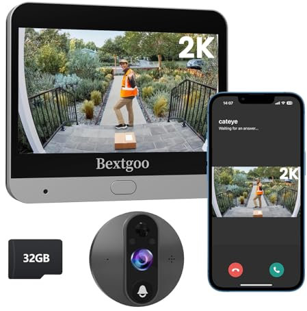 Bextgoo 2K Spioncino Digitale WiFi con Scheda di Memoria 32GB, Videocitofono WiFi, Display 4,3 Pollici, Batteria 8000mAh, Visione 170°, Visione Notturna, Rilevamento Umanoidi AI, Audio Bidirezionale