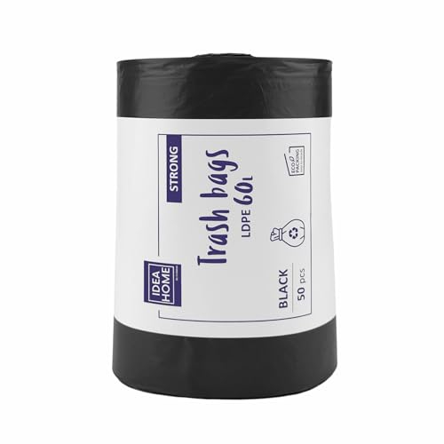 IDEA HOME Bolsas de Basura de Plástico 60L - Resistentes Sacos de Basura para Reciclar 50 Unidades, Negro