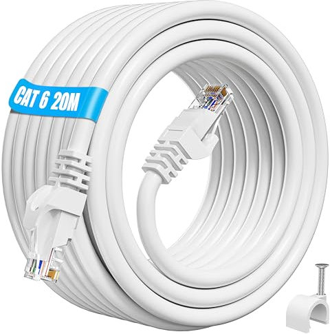 ikbc 20m Cat6 Ethernet Cable - High Speed Gigabit Network Cable, Waterproof, RJ45 Connector, PS4/5 Router Compatible (20 Clips)