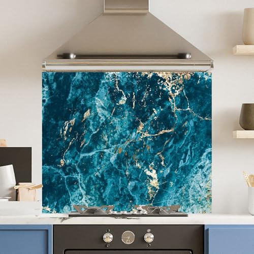 Toughened 6mm Glass Kitchen Splashback 90 x 65cm Dark Blue Gold Marble Polished Heat Resistant Back Splash for Cookers Hob