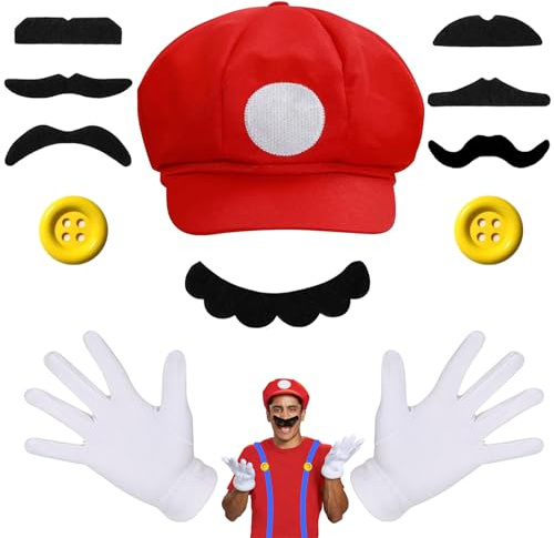 RCYHCY 12 Stück Super bros kostüm Accessories, Super Bros Mütze rot und grün Hut, Kostüm Accessories Mütze Handschuhe Hut Bart Knöpfe für Fasching Halloween Karneval Cosplay