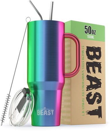 Beast Tumbler with Handle - 1500 ml (50 oz), Rainbow | Reusable Stainless Steel, Vacuum Insulated Cup | with + 2 Straws & Cleaning Brush | Double Wall Travel Flask Perfect for Hot or Iced Coffee
