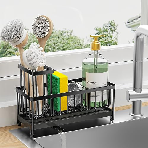KEMDH Schwammregal Küche Organizer, Küchenspüle, Schwammregal, silberfarben, rostfreie Spüle mit Bürstenhalter, Zubehör